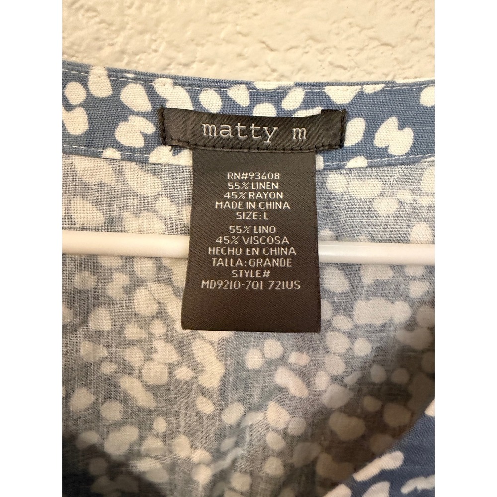 Matty M Blue White Dot Linen Blend Tiered Mini Dress V-Neck Pockets Large MD9210 - Picture 3 of 8